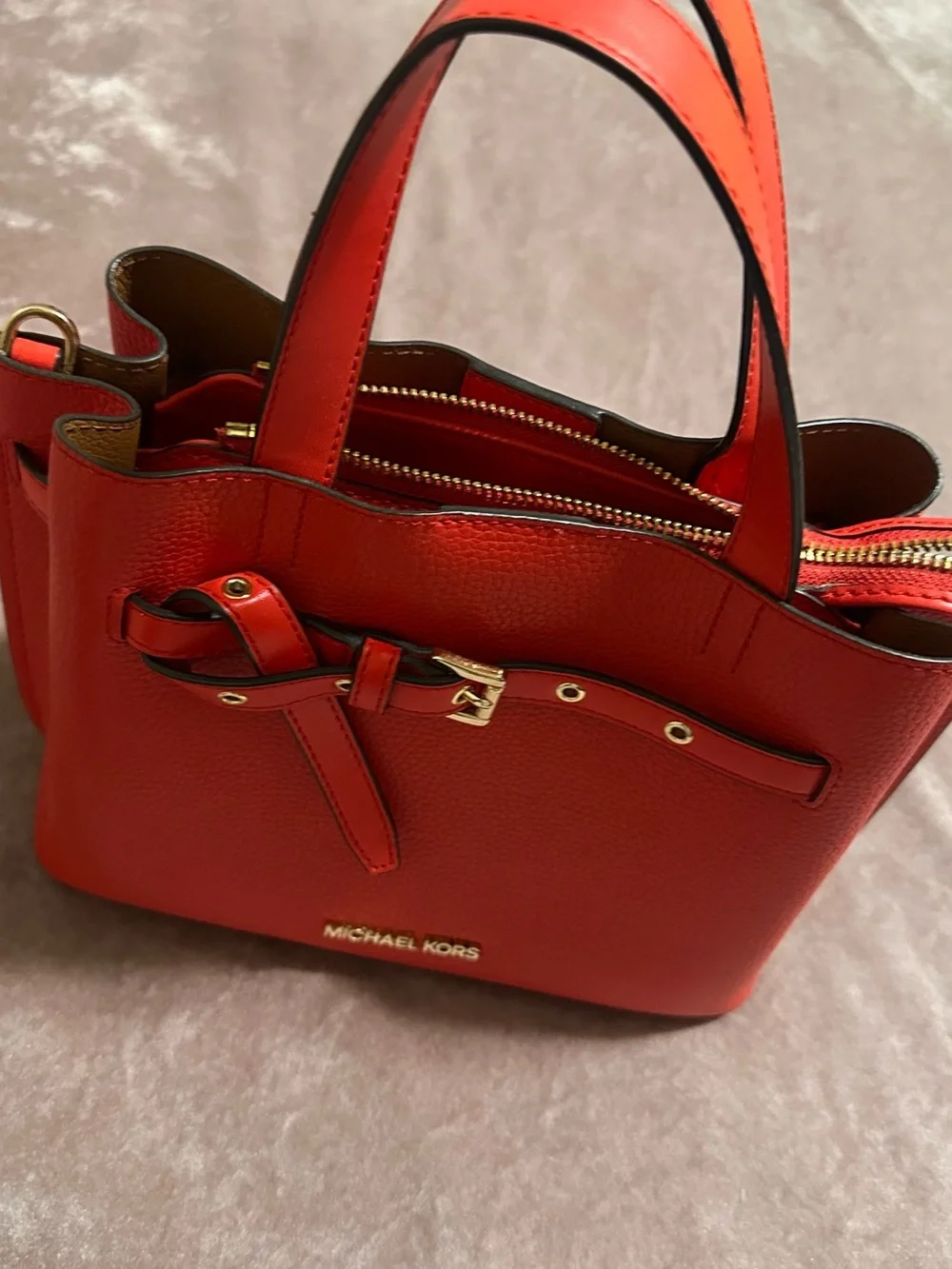 Michael Kors Red Pebbled Leather Satchel with Gold Accents